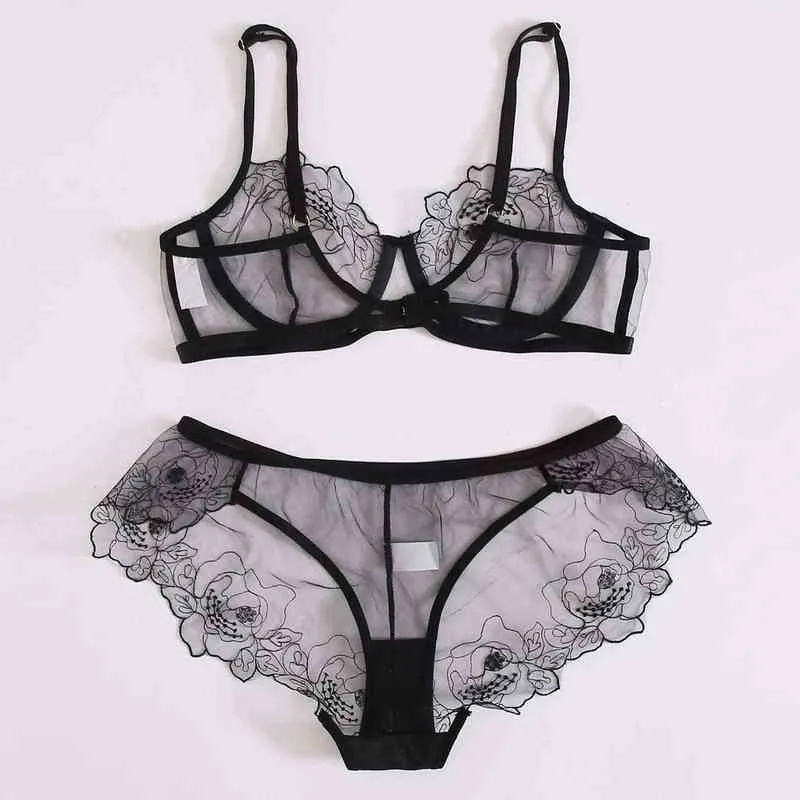 Femmes Sexy Lingerie Ensemble Transparent Dentelle Fleurs Bralette Broderie Push Up Bras Voir À Travers Culotte Séduction Érotique Sous-Vêtements L220727