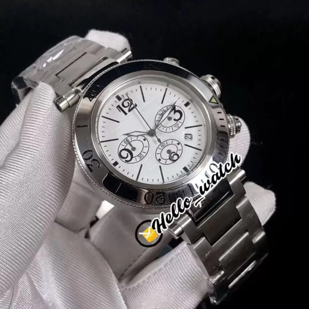 35MM Pasha De W31089M7 Orologi quadrante bianco Cronografo al quarzo Miyota Orologio da uomo Cronometro Bracciale in acciaio inossidabile HWCR Hello Watch2558