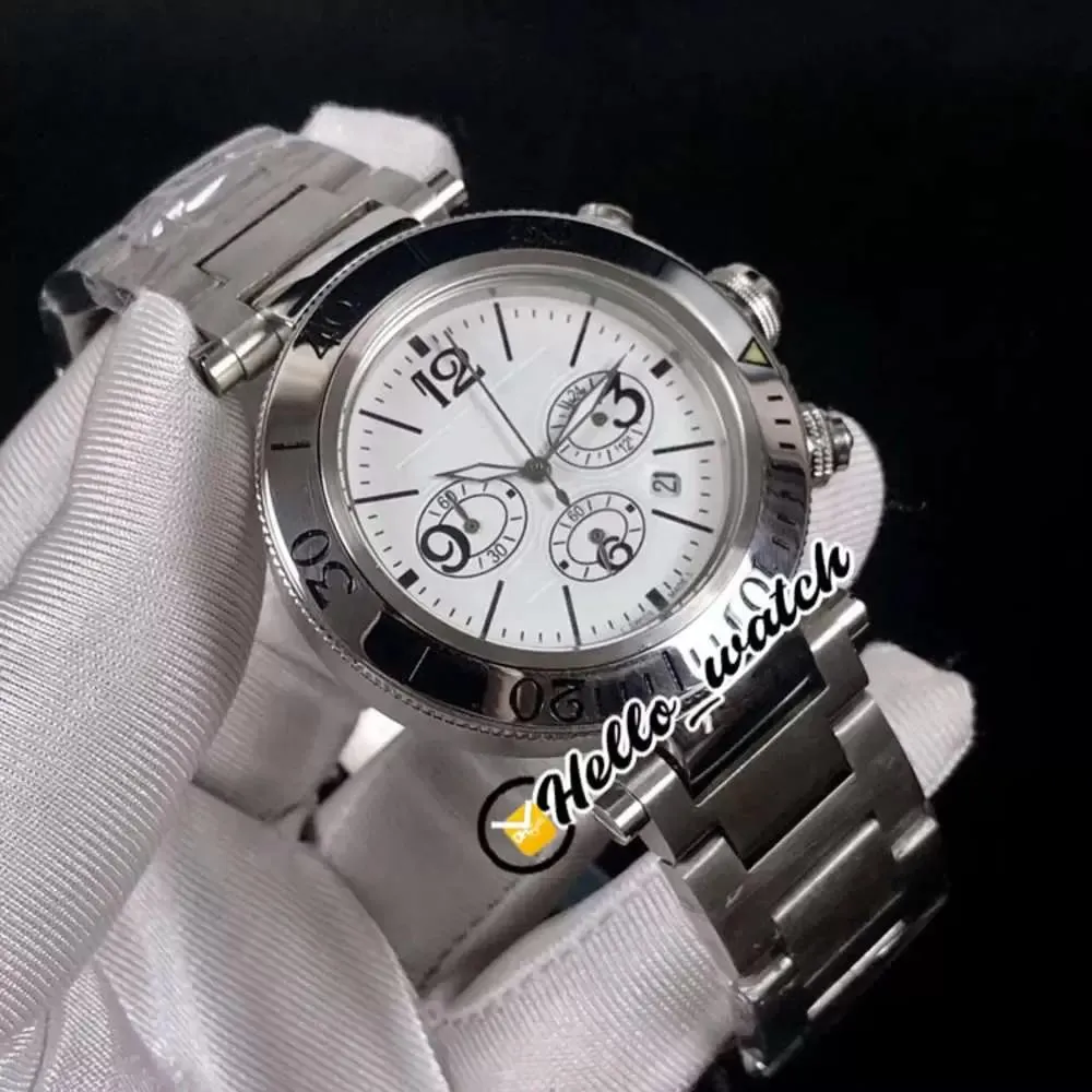 35MM Pasha De W31089M7 Relojes Dial blanco Miyota Cuarzo Cronógrafo Reloj para hombre Cronómetro Pulsera de acero inoxidable HWCR Hola Watch334t