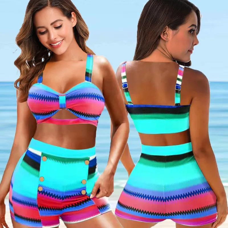 Women Print High Waisted Bikini Sets Sexy Plus Size Tank Top Swimsuit Two Pieces Swimwear Women Beach Bathing Suits 5XL 220408