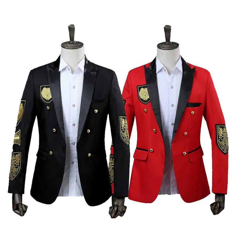 Guldmedalj broderi svart suitblazer män dubbelbröst mens militär blazer jacka scen prom visa sånger kostym homme xxl 220409