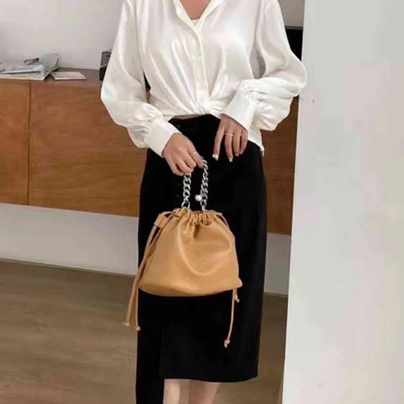 Evening Bags Bucket Fashion Drawstring Handbags for Women Ruched Vintage Retro Ladies Top Handle Bag Luxury Pu Leather Female Shoulder 220407