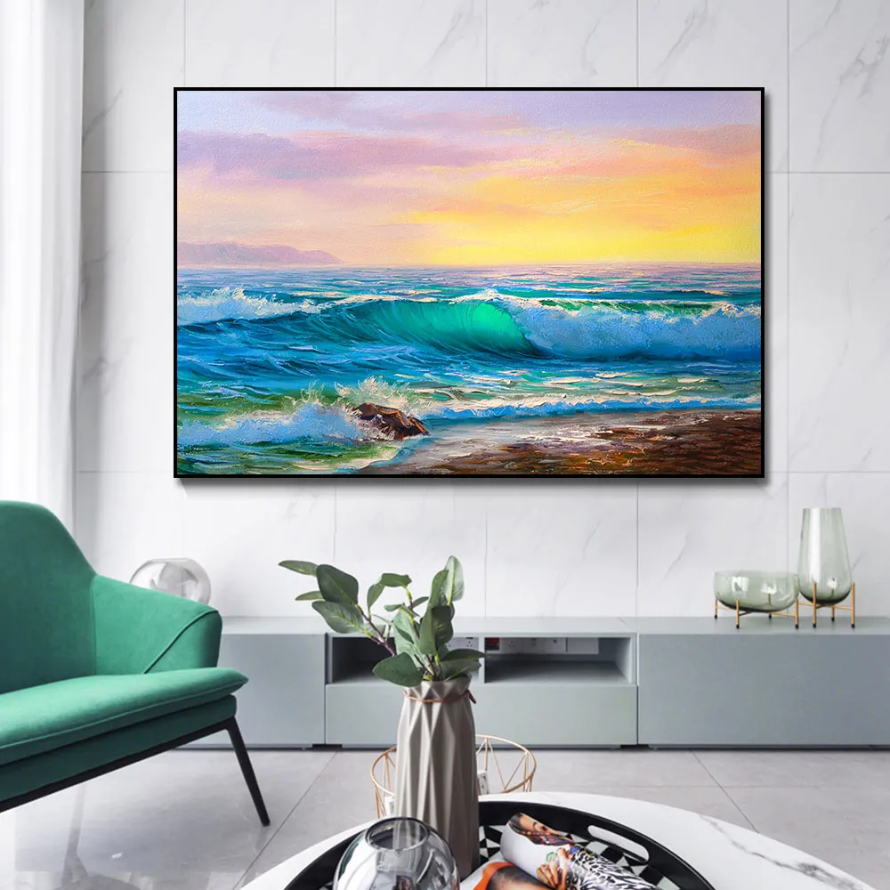 Beach Seascape Wall Art Poster Pittura a olio astratta Stampa su tela Sunrise Immagini su tela la decorazione della parete del soggiorno