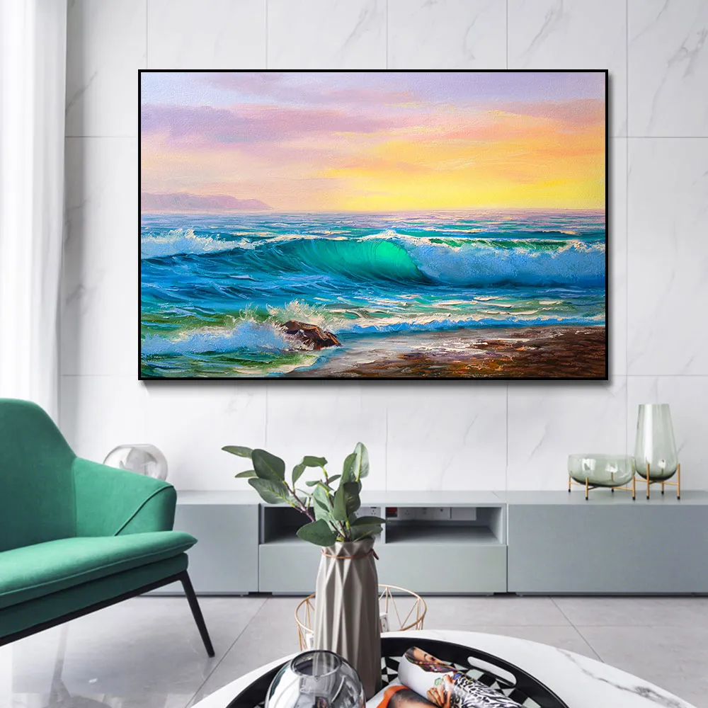 Beach Seascape Wall Art Posters Abstract Oil Painting Canvas Print Sunrise Canvas Art Pictures For Livingroom Wall Decoration