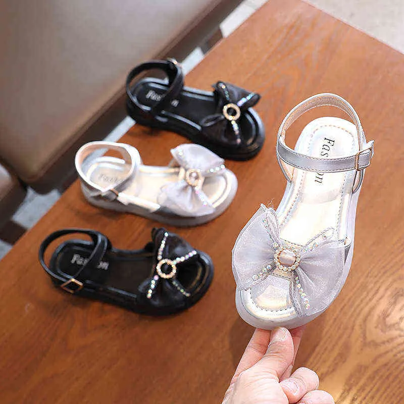 3-12 Yıllık Çocuk Ayakkabıları Kızların Yaz Slip Olmayan Sandal Moda 2021 Dantel Yay Zarif Prenses Ayakkabı Çocukları Spor Plajı Sandal G220523