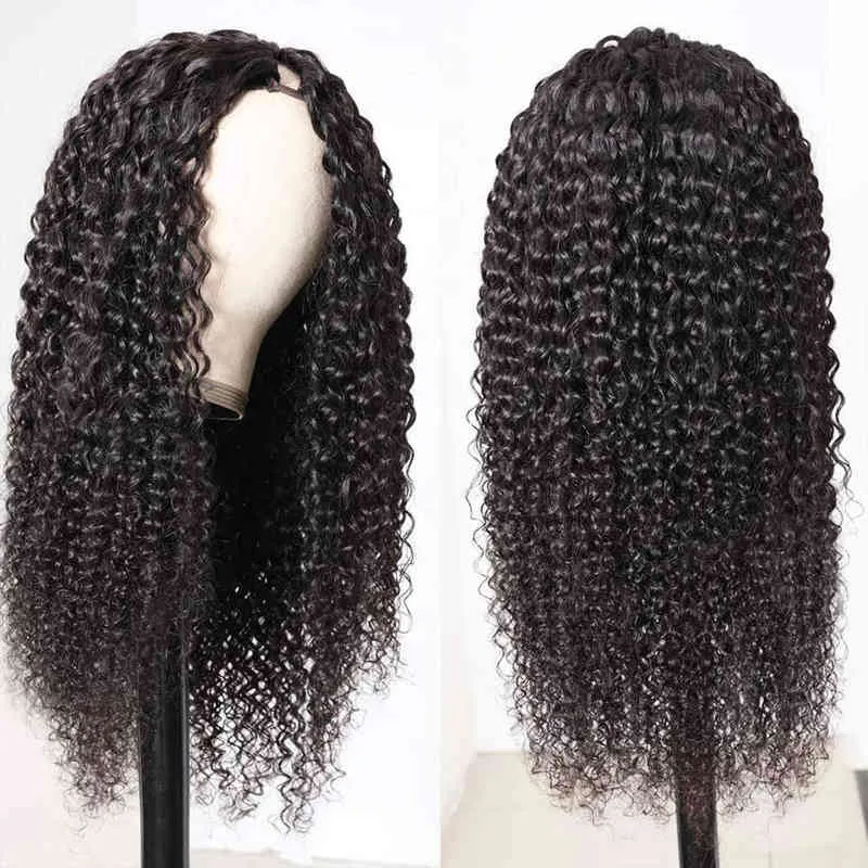v u part wig Human Hair No Gear Out Brazilian kinky curly s for women glu glue 2207075524592