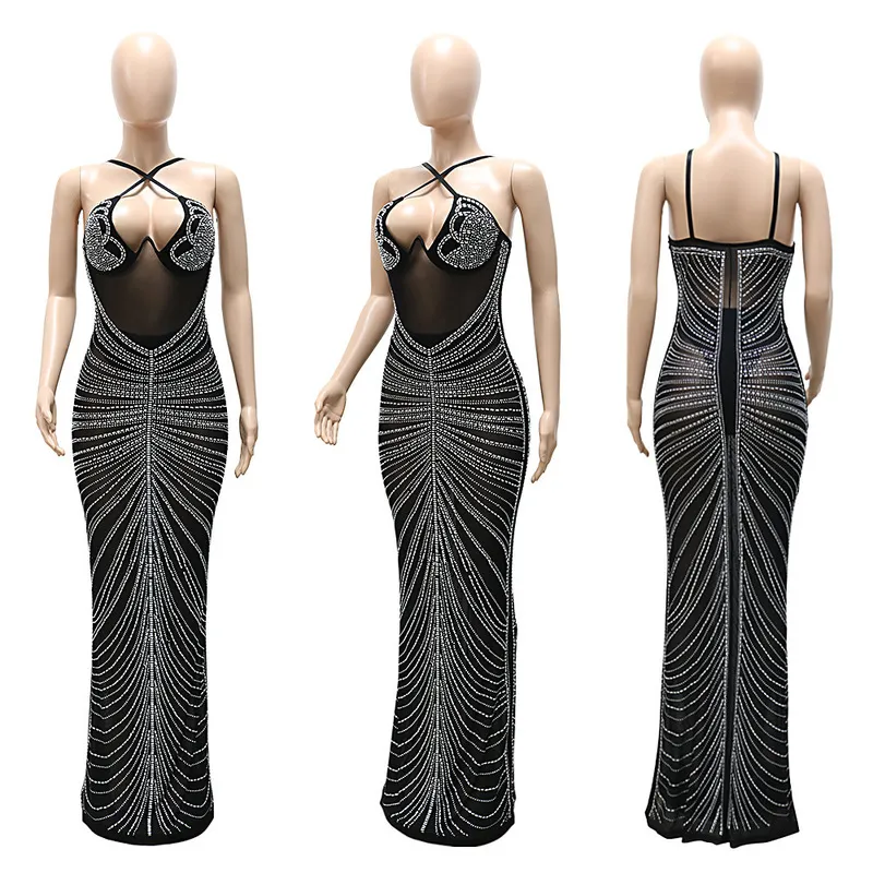 Filyn Novelty Chic Design Dress Solid Diamond Spaghetti Strap Sexy Night Party Maxi Vestidos 220521