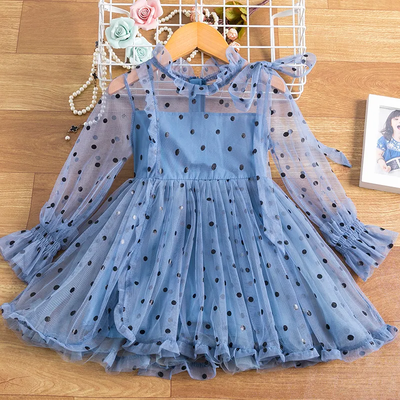 Girls Dresses Long Sleeve Dress For Girl Polka Dot Bow Kid Clothes 2 3 4 5 6 Year Baby Tutu Birthday Outfit Party Wear Summer Dress Cloth 2201006