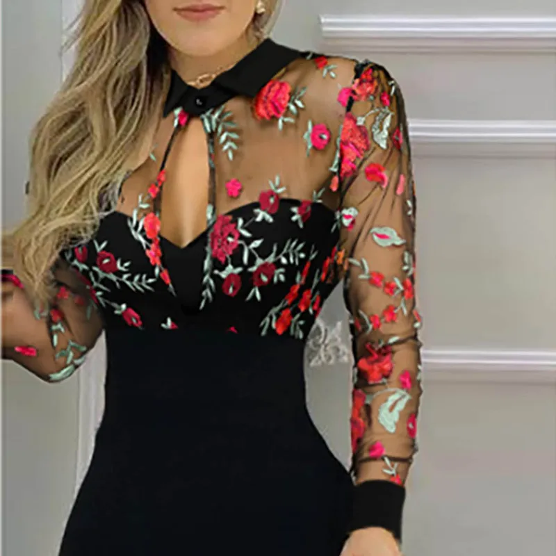 Women Slit Ruffles Hem Floral Pattern Slimming Lace Mesh Hollow Out Sexy V Neck Printed Long Sleeve Dress Elegent Daily Wear 220613