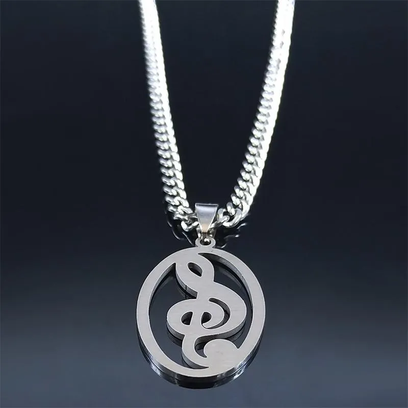 Pendant Necklaces Music Notes Stainless Steel Necklace Women Men Silver Color Chain Oval Jewelry Chaine Acier Inoxydable N4277S06P281f