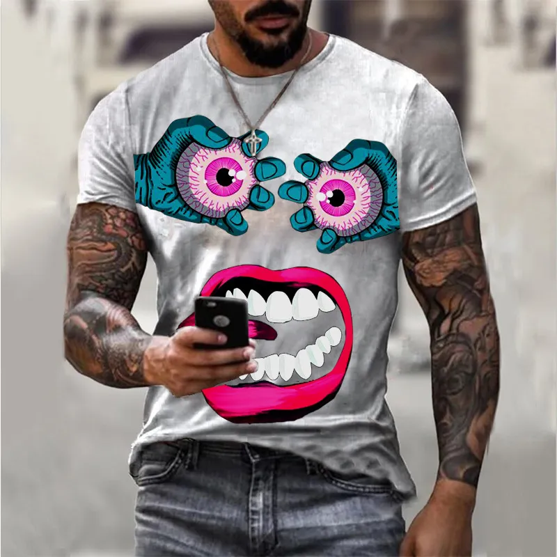 夏のパーソナリティ3D印刷Tシャツ漫画の目の面白い表現パターンハンサムな半袖マンカジュアルTシャツ220607