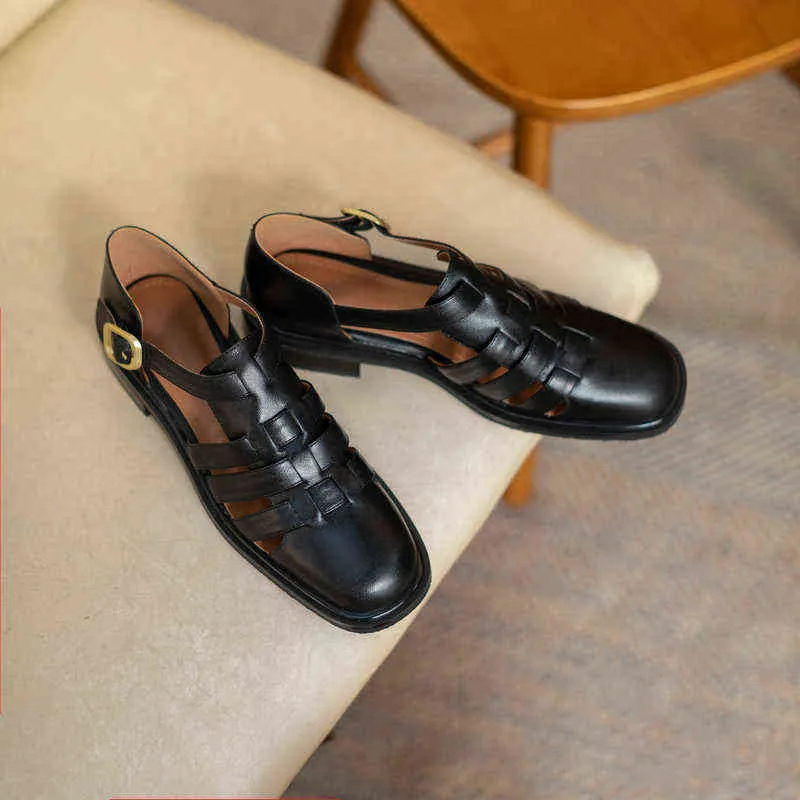 Обувь платье Famale ретро натуральные кожаные сандалии женской обуви круглый носок с низким содержанием каблуки летний повседневный офис леди женщина 220318