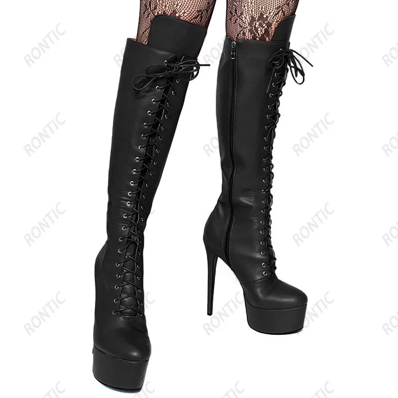 Rontic Women Winter Platform Knee Boots Lace Up Faux Leather Sexy Stiletto Heels Round Toe Pretty Red Party Shoes US Size 5-20