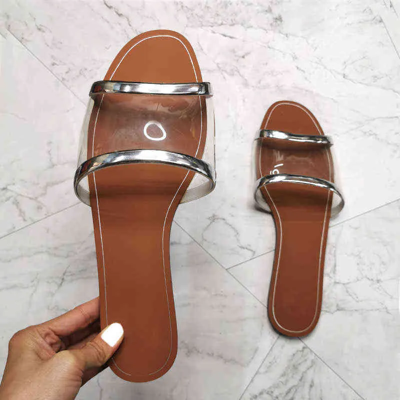 Scivoli estivi 2021 Nuove donne al di fuori delle pantofole in PVC Scarpe da donna da spiaggia piatte Scivoli da donna alla moda trasparenti Scivoli firmati di marca G220518