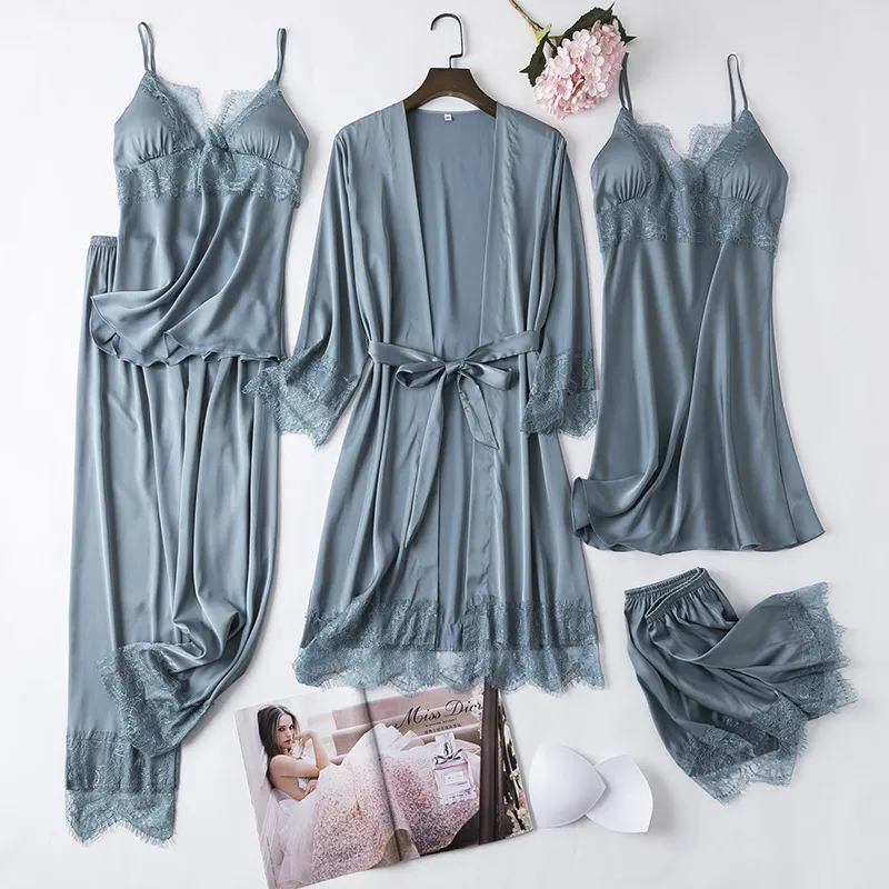 Vit Silk Pyjamas Set Women 5st Bride Wedding Robe Nightgown Sexig Lace Chemise Sleepwear Kimono Bathrobe Gown Lingerie 220527