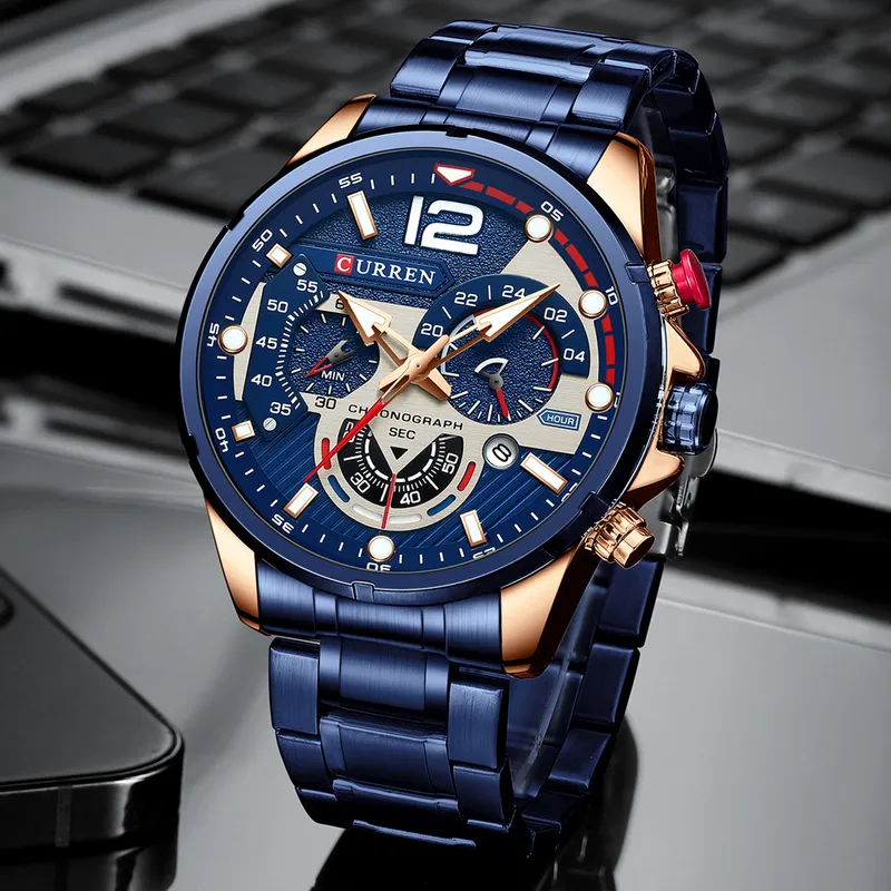 CURREN Casual Business Chronograph Waterproof Stainless Steel Watch Mens Luxury Fashion Quartz Men Watches 220530