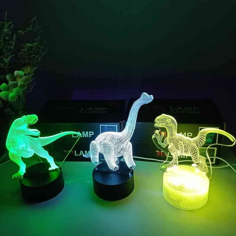 Lampe de bureau 3D série dinosaure veilleuse 7/16 couleurs tactile télécommande lampes de table de dessin animé décor à la maison pour cadeau d'anniversaire enfant H220423