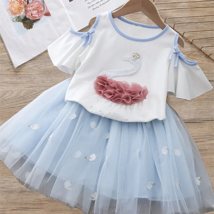 Zomer meisjes kleding sets denim bloem geborduurde revers top + net garen rok 2 stks pak prinses baby kinderen kinderkleding 220326