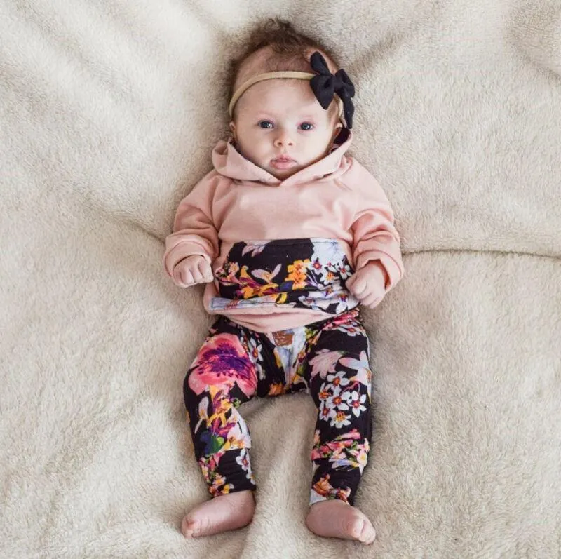 Kläder sätter modefödda barnflickor långärmad bomulls huva toppar +byxor leggings 2 st -outfit kläder set