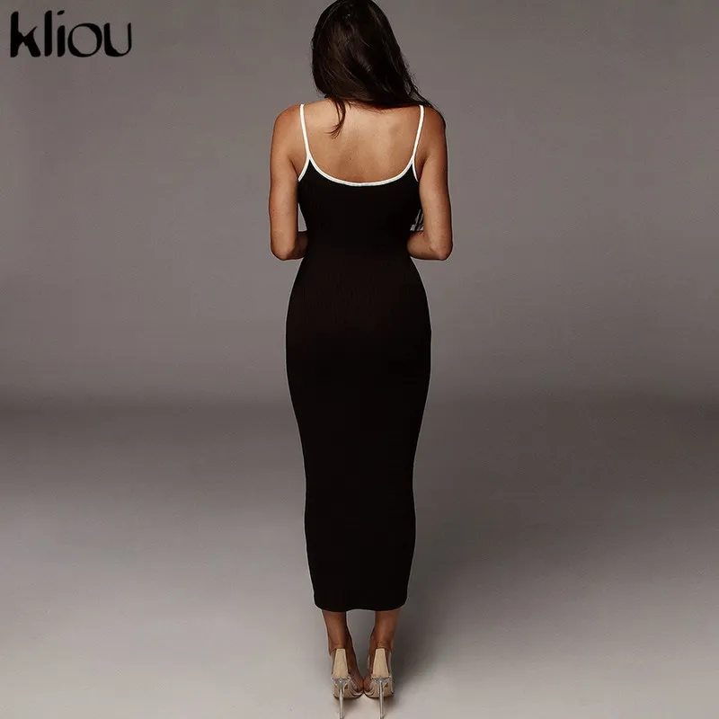 Kliou Strap Backless Sexy Bodycon MIDI Long Robe Femme Femmes hautes Coton Robes rayées Élégantes Vêtements de fête de la mode 220402