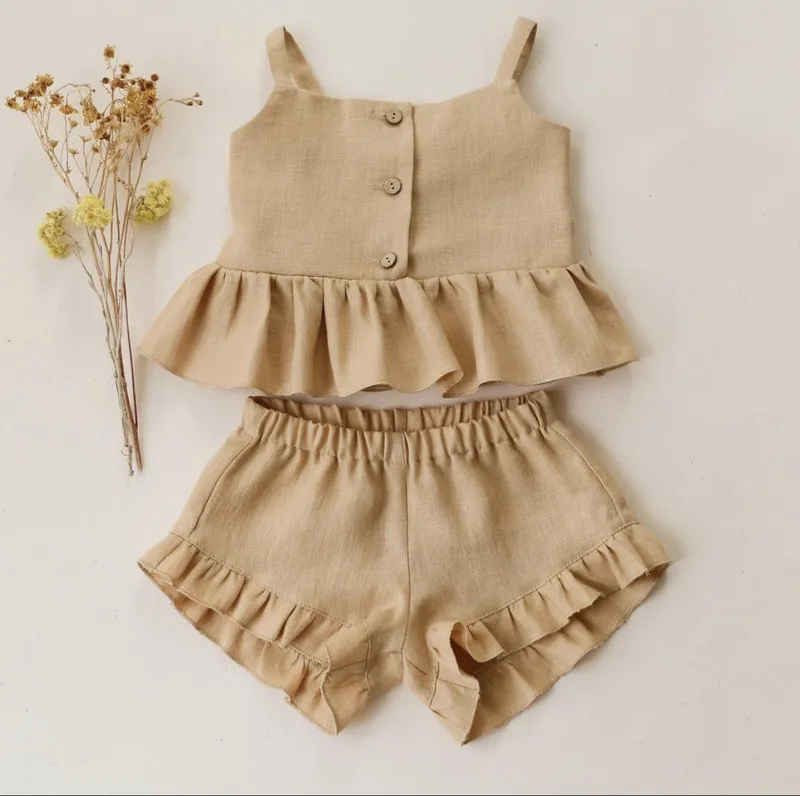 Bebé ternos roupas de verão tops + shorts colete arnês Falbaa algodão linho de cor sólida roupa bebe infantil conjuntos de roupas 220326