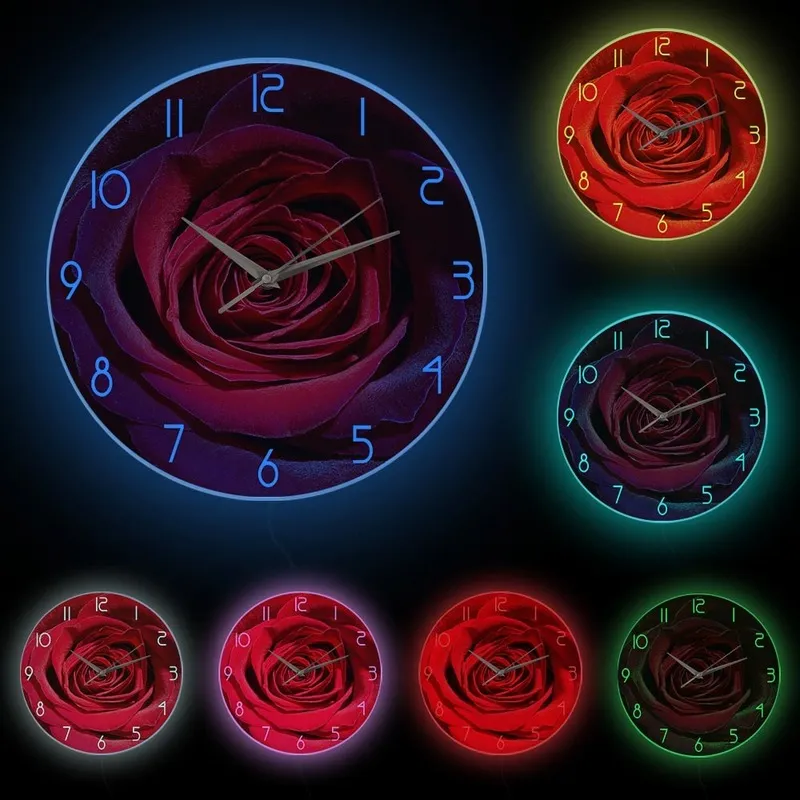 Red Rose Flower Print Nom personnalisé Modern Floral Bedroom Decor Gift pour son horloge d'art mural botanique 220615