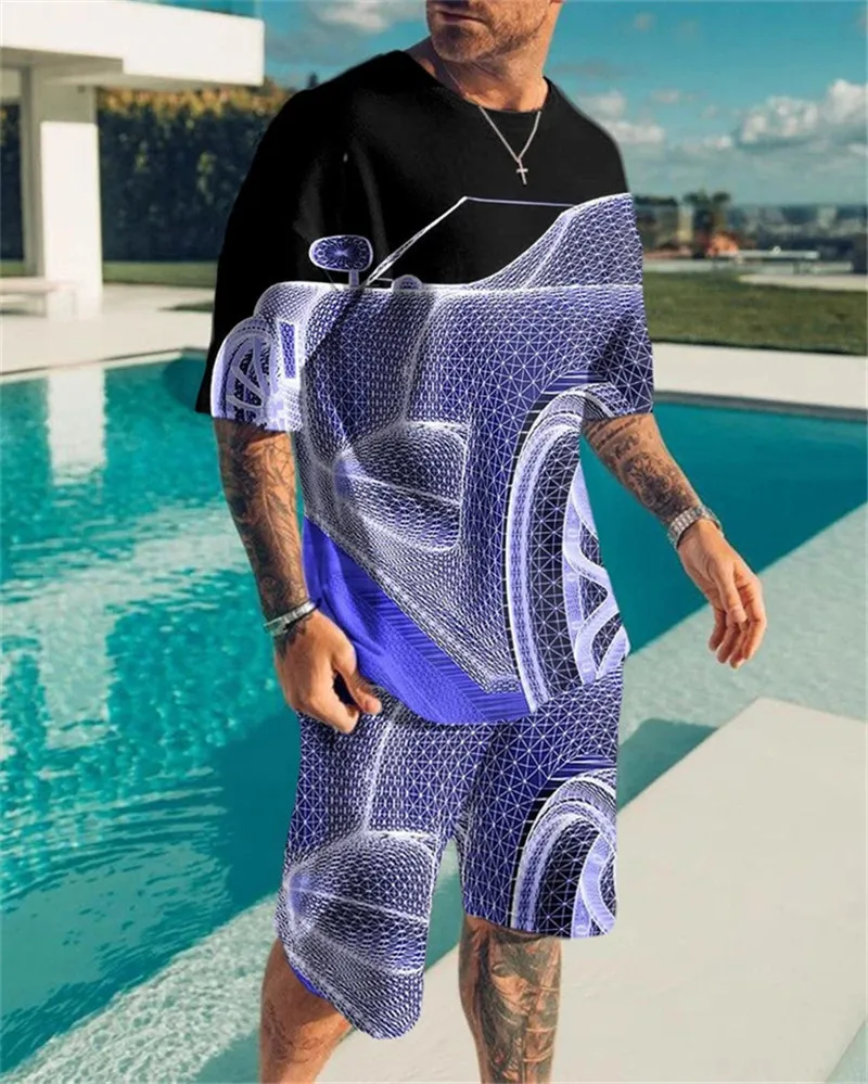 Tendencia de verano europea y americana para hombres, estilo casual de playa, textura, impresión digital 3D, camiseta, pantalones cortos, traje 220621