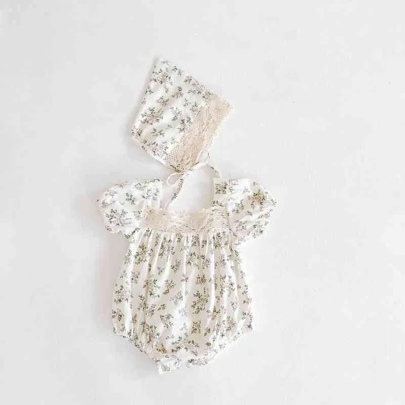 0-24m sommar nyfödda barn baby flickor kläder kort ärm blommig spets romper elegant söt söt blomma jumpsuit kropp kostym outfit g220521