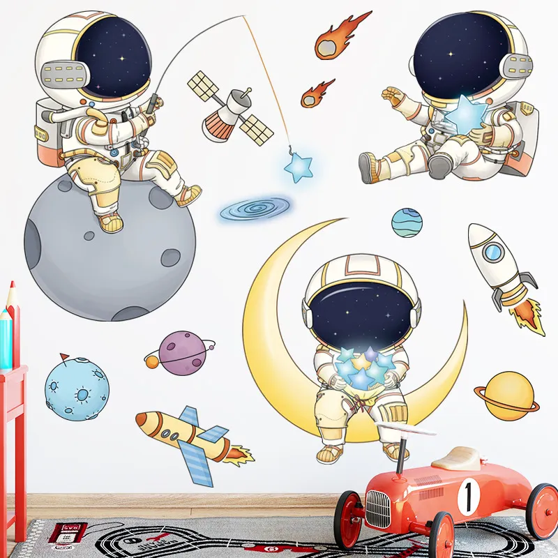 Space Astronaut Wall Stickers for Kids Room Kindergarten Wall Decoration Removable Vinyl PVC Cartoon Wall Decals Home Decor 220510