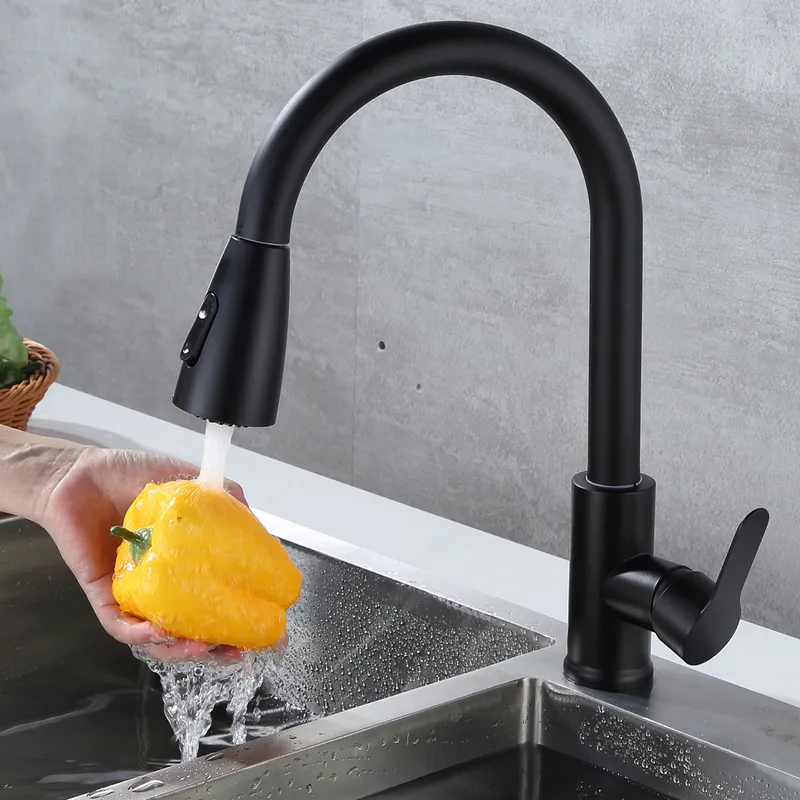 Black Chrome Pull Out Sink Kitchen Faucet Single Hole Spout Water Mixer Taps 360 Rotation Stream Sprayer Head Tap 220722