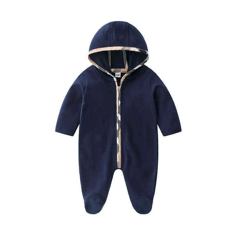 Luxury Designer Brand Baby Hooded Rompers Plaid Newborn Cotton Clothes Girls Boy Long Sleeve Ropa Bebe Footies Jumpsuit Clothing AA220323