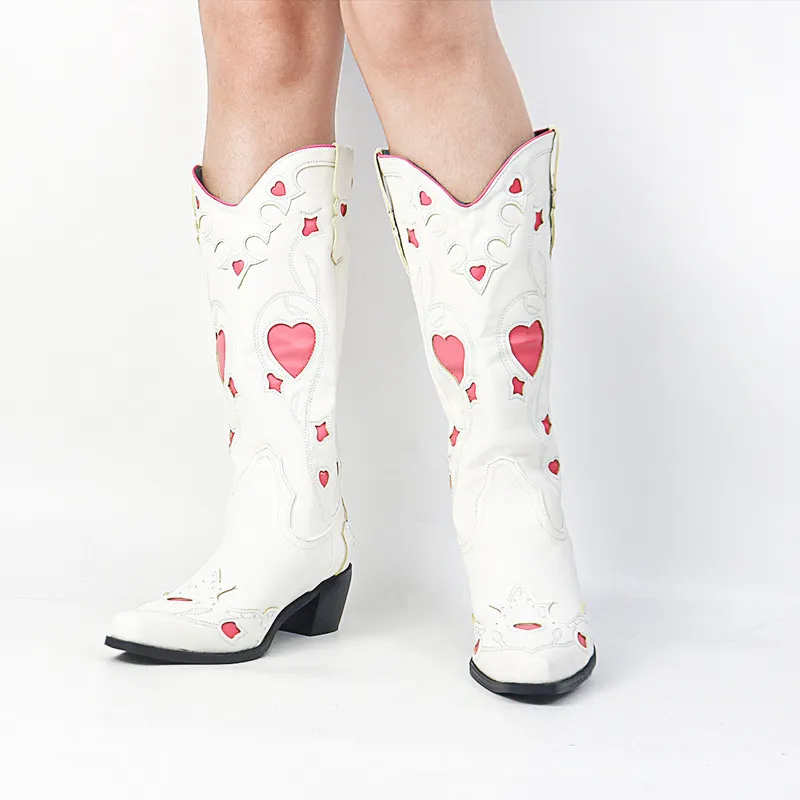 Cowgirls Cowboy Wesetrn Boots for Women Heart Pointed Toe Flollal Embroidery Chunky Heel Knee High Vintage Riding220813