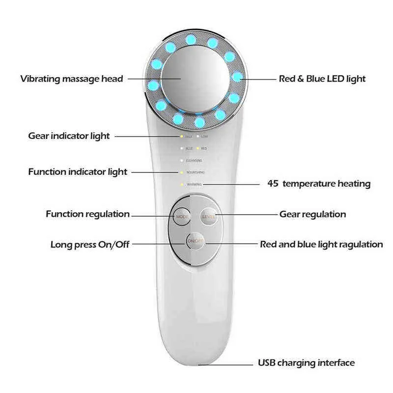 7 in 1 Facial Red Blue LED 조명 장치 ION MASSAGER 노화 방지 스킨 피부 강화 세제 스킨 케어 마사지 머신 220520