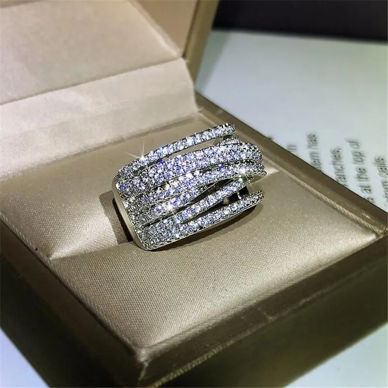 Cluster Rings Size 6-10 Luxury Jewelry 925 Sterling Silver Pave White Sapphire CZ Diamond Gemstones Party Women Wedding Engagement284a