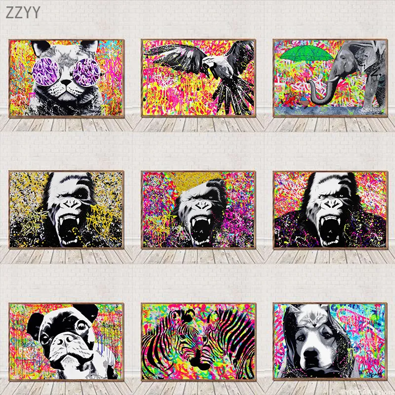 Astratti animali colorati arte tela pittura ruggente scimpanzé arrabbiato zebra elefante pop art poster wall art immagine decorazioni la casa