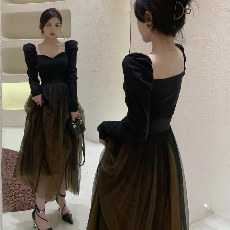 Black Elegant Skirt Terno Mulheres Inverno França Vintage Set Mulher 2 Peças Chic Coreia Y2K Blusa + Gaze Festa Midi 220322