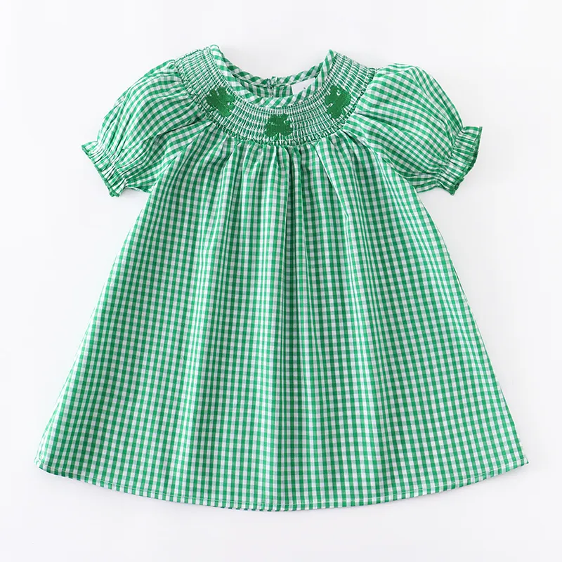 Girlymax St Patricks Day Irmão Clover Plaid Baby Girls Dress Boys Shorts Conjunto Top Ruffles Rodper Smocked Tecida Crianças Crianças 220531