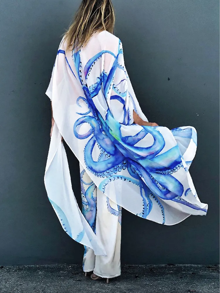 Strandhosen Langer Chiffon Beach Cover Up Print Beachwear Plus Size Kimono Tunika für Beach Badeanzug Cover Up Sarong Kaftan 220622