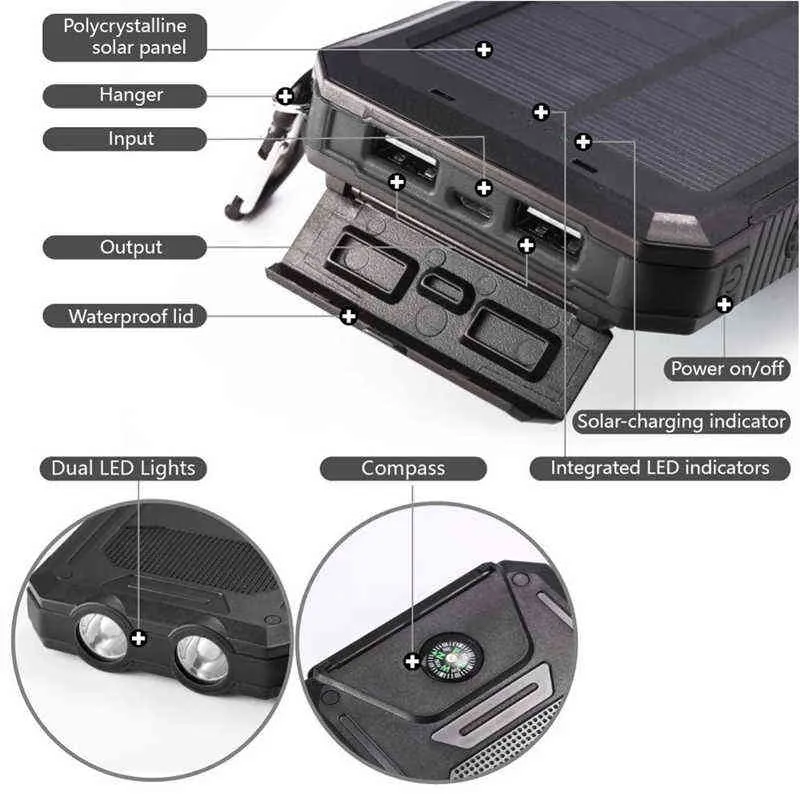 Banque d'énergie solaire MAH Banque d'alimentation de chargeur solaire portable étanche à la batterie externe avec lumière de camping LED J2205312583967