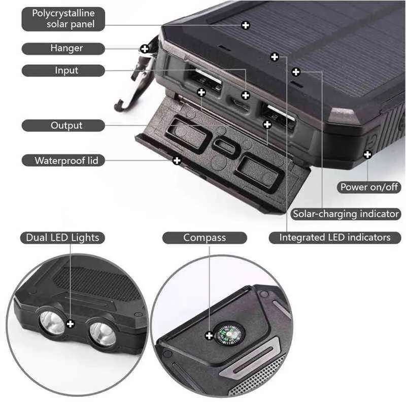 Solar Power Bank Mah Wodoodporna przenośna ładowarka słoneczna Power Bank Zewnętrzna bateria Power Bank z Led Camping Light J220531