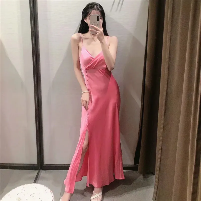 TRAF Yaz Elbise Kadın Pembe Saten Uzun Dres Siyah Backless Kayma Seksi Parti Elbiseler Kırmızı MIDI Zarif Elbiseler 220423