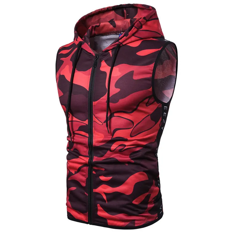 Men's Red Camouflage Zipper Hooded Sleeveless Camouflage Printed Fitness Sports Vest 220530
