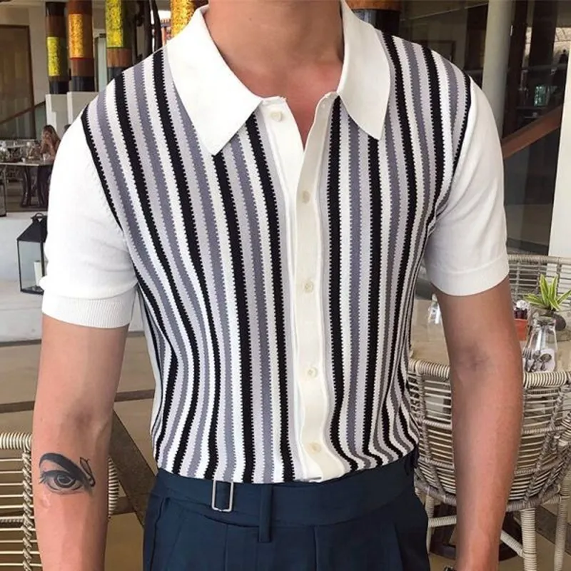 男性Sニットウェア半袖ポロシャツカジュアルスリムラペルボタンカーディガン通気性夏のファッション服2206​​14