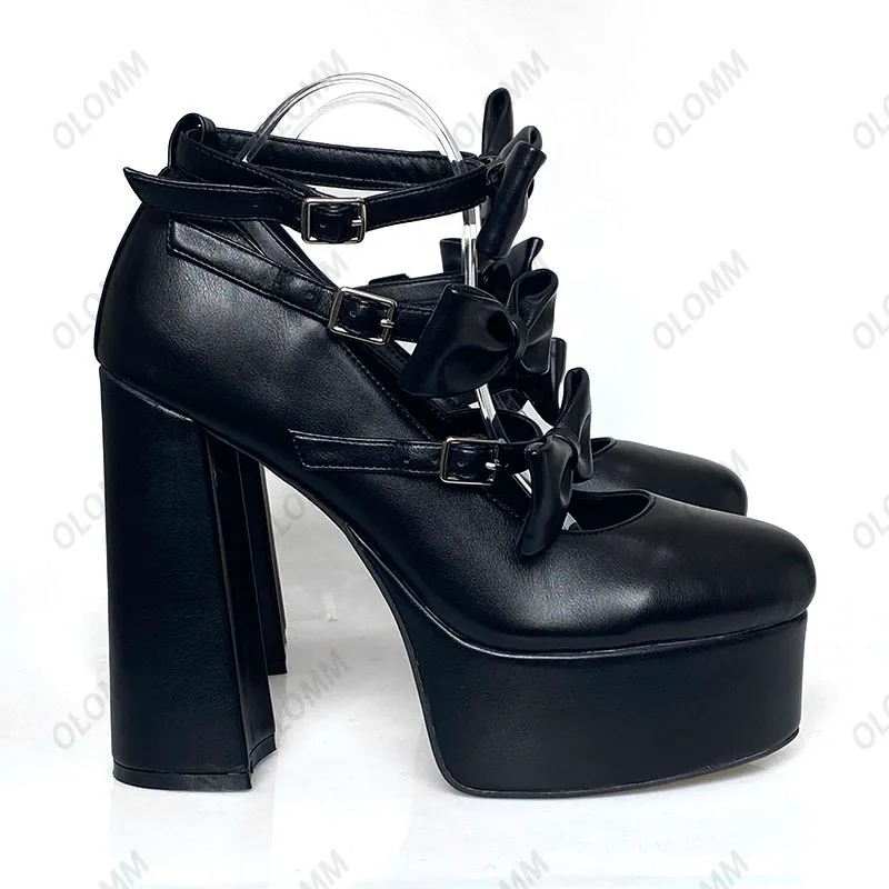 Olomm Yeni Kadın Platform Pompalar Toka Tıknaz Topuk Kelebek Düğüm Yuvarlak Toe Zarif Siyah Gece Kulübü Ayakkabıları bayanlar Boyut Boyut 5-15
