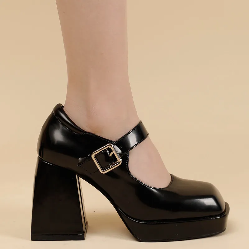 Zapatos de tacón alto para mujer de primavera de 9 cm, zapatos retro Mary Janes con plataforma, zapatos de tacón bajo con punta cuadrada, tacones gruesos OULYYYOGO 220402