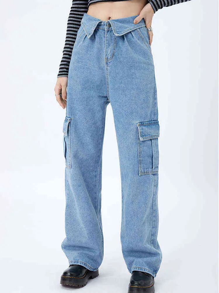Lichtblauwe revers jeans dames zomer Amerikaans ontwerp meerdere zakken straatstijl rechte brede benen denim broek vrouwelijk T220728