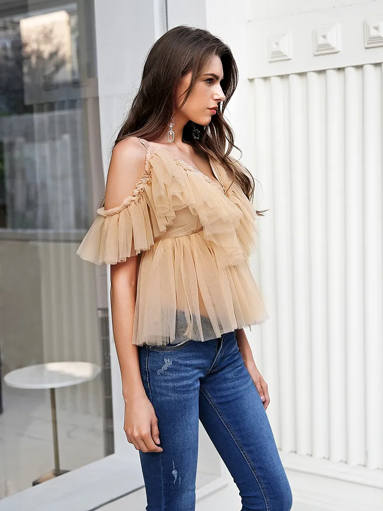 V-neck mesh lace up sexy blouse summer women Strap boho ruffle cold shouler elegant tops Tulle see through casual shirt 220516