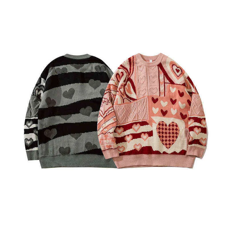 2021 Korean Fashion Heart Print Men Hip Hop Knitted Jumper Sweater Autumn Casual Women Pullovers Kpop Knitwear Sueter Masculino T220730