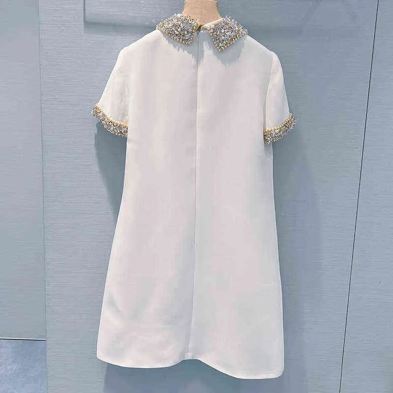 흰색 드레스 고급스러운 수제 다이아몬드 스터드 진주 유명 인사 기질 스커트 옷깃 슬림 여름