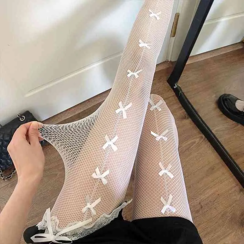 Sevimli Bowknot Hollow Fishnet Çoraplar Tayt Kadın Moda İçi Boş Out Siyah Beyaz Tam Vücut Balık Ağı Çorapları Külotlu Köpek T220808